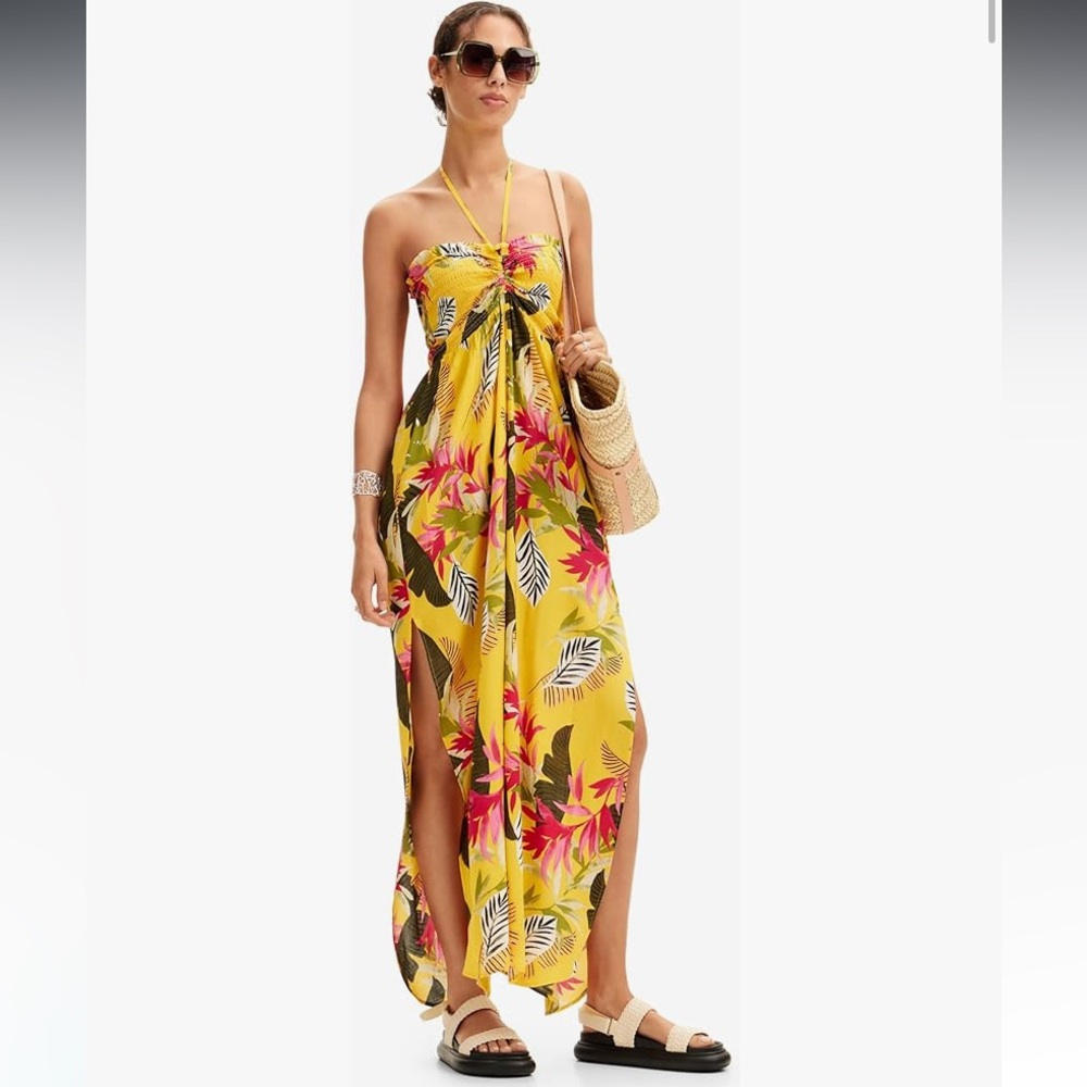 Desigual Yellow Tropical Halter Maxi Jumpsuit with Pink & Green Floral Print